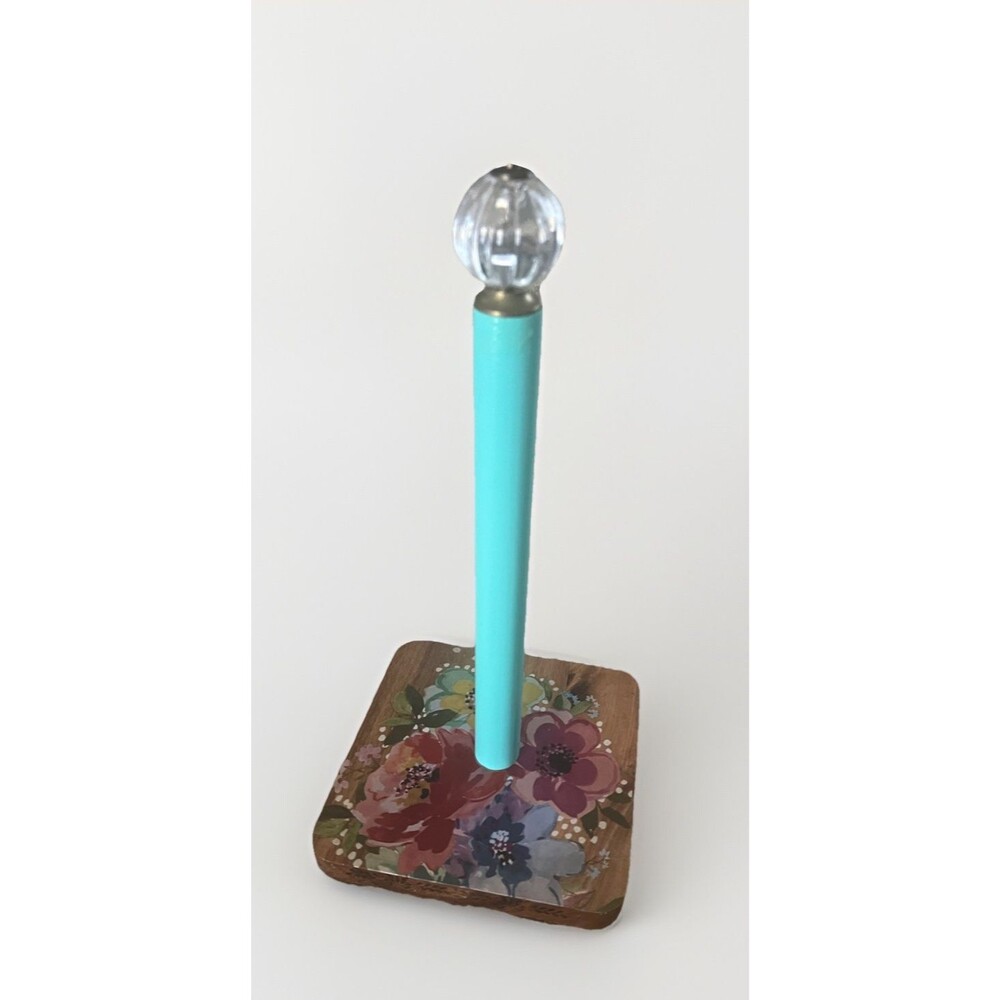 Pioneer Woman Melody Acacia Wood Floral Paper Towel Holder Crystal Top